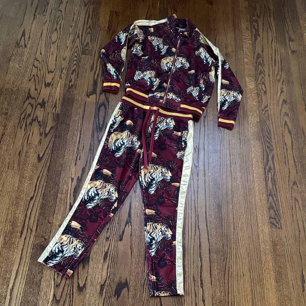 B28 G-Style USA Burgundy Gold Tiger Print Women's Bomber Jacket Track Pant